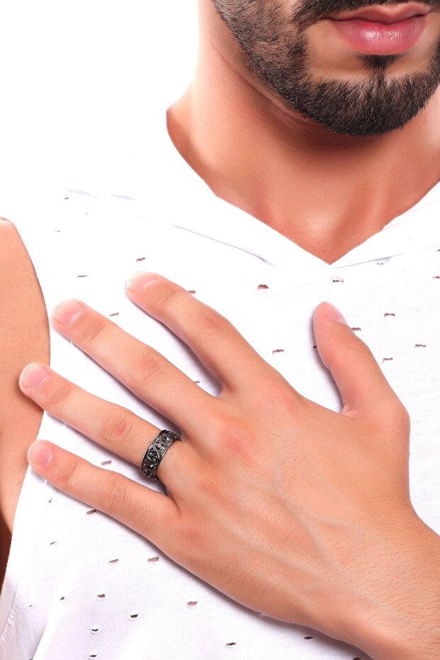 خاتم رجالي مطبوع عليه رمز السلام قابل للتعديل مطلي بطبقة من الأنثراسايت المعدني
