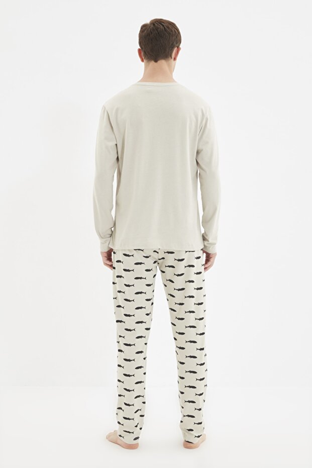 Bej Regular Fit Baskılı Örme %100 Pamuk Pijama Takımı TMNAW22PT1069 - 6