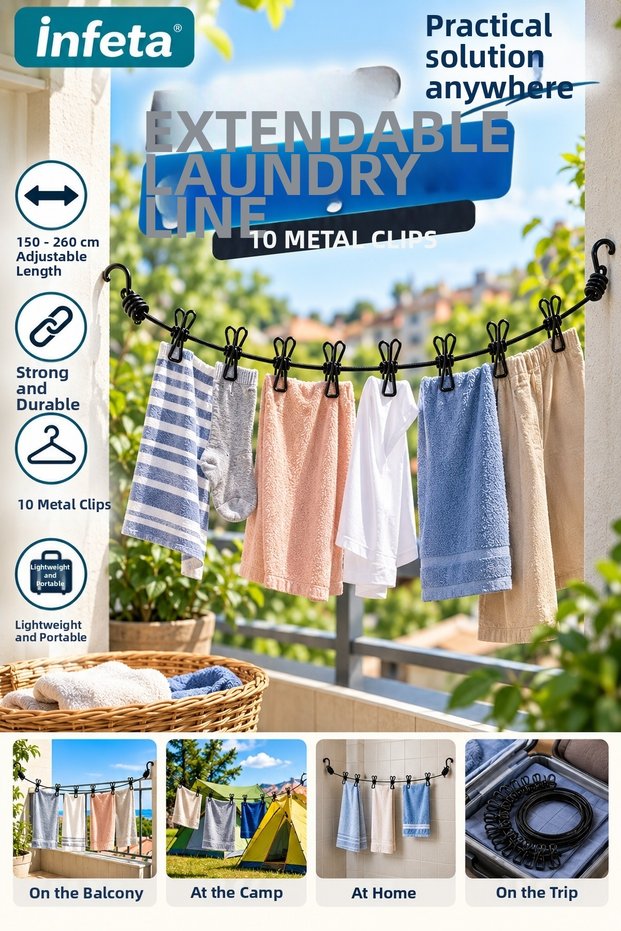 150-260 cm Flexible Clothesline with 10 Metal Pegs, Elastic Portable Hanging Rope