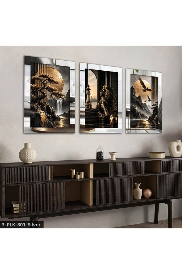 Gold Lion and Landscape 3 Piece Plexiglass Mirrored Painting