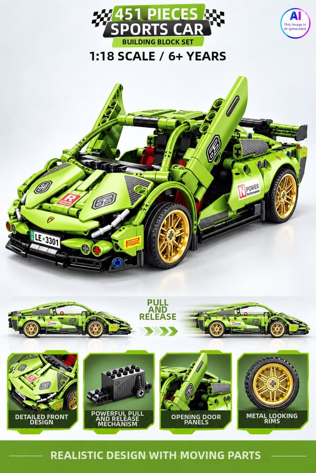 451 Pieces 1:18 Scale Sports Car Building Block Set – Pull and Drop, Toy Car with Opening Scissor Doors for Ages 6+