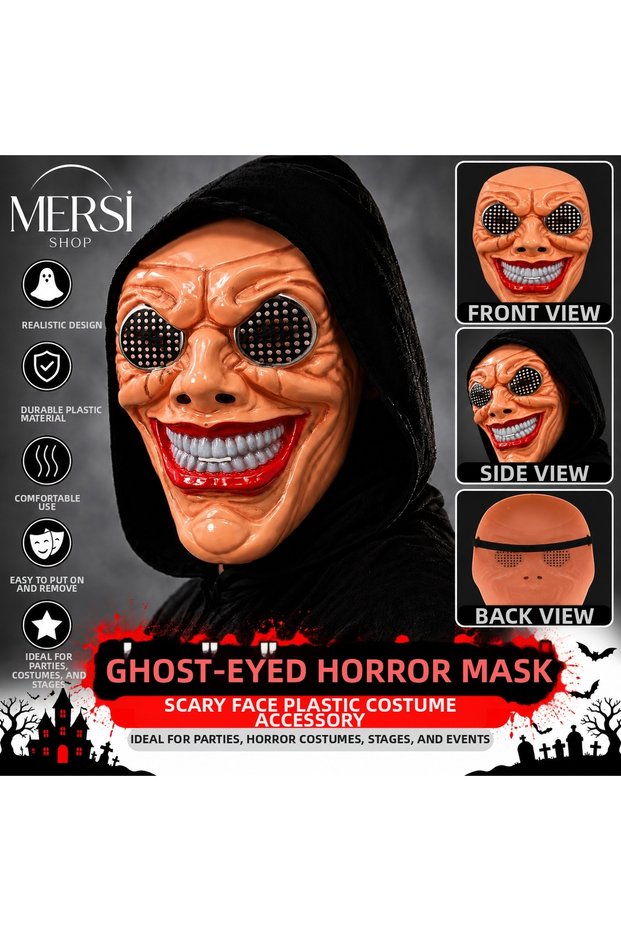 Grinning Face with Netted Eyes Plastic Horror Mask White Teeth Elastic Rubber Party Mask