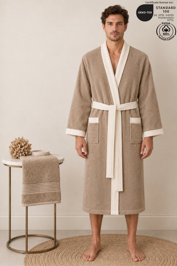 2 Piece Men's Kimono Robe Set 100% Cotton Certified Striped Contrast Men's Robe Set - Beige