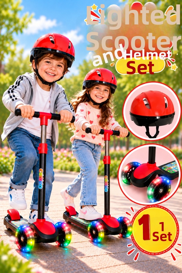 Red Light-Up 3-Wheel Kids Scooter and Red Helmet Set – 3-Stage Height Adjustable