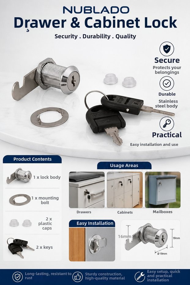 Drawer and Cabinet Lock 19 mm Metal Body Furniture Mailbox Lock with 2 Keys