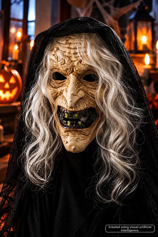 Witch Mask Gray Haired Scary Old Witch Halloween Horror Costume Mask