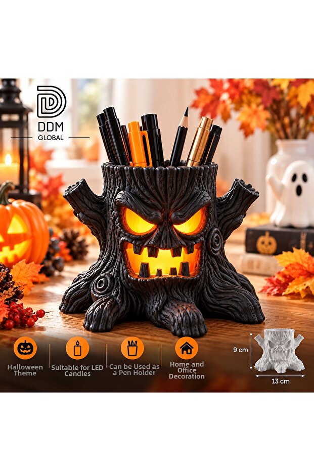 Halloween Ghost Tree Decorative Pen Holder and Led Candle Holder – Halloween Themed Desktop Decoration