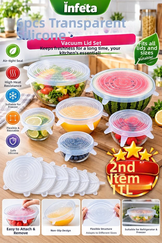 Set of 6 Transparent Silicone Stretch Lids Flexible Food Storage Cover Pot Bowl Cap
