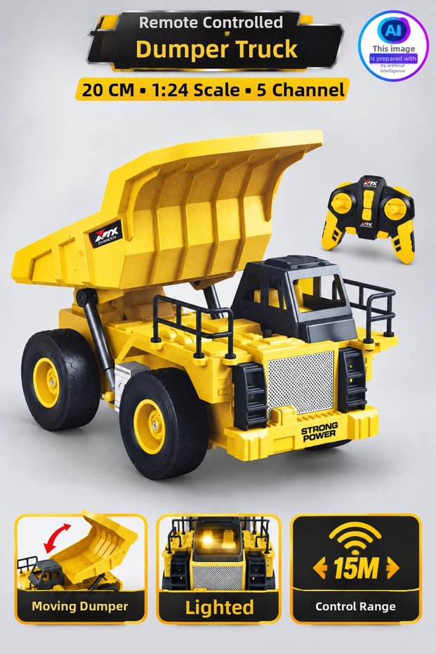 Headgear Prepare Remote Control Dump Truck 20 cm – 1:24 Scale, 5 Channels, Lighted, Movable Dumper Rc Truck