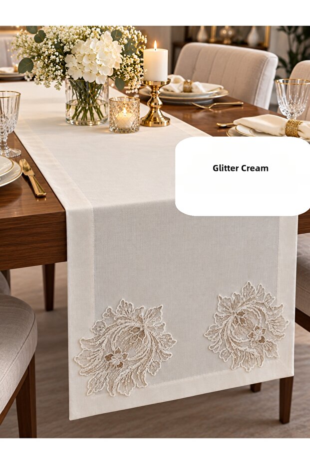 Lotus Lace Detailed Table Runner – Stylish Decorative Runner – Glittery Cream 40 X 160