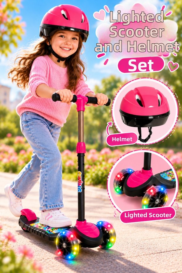 Pink Light-Up 3-Wheel Kids Scooter and Pink Helmet Set – 3-Stage Height Adjustable