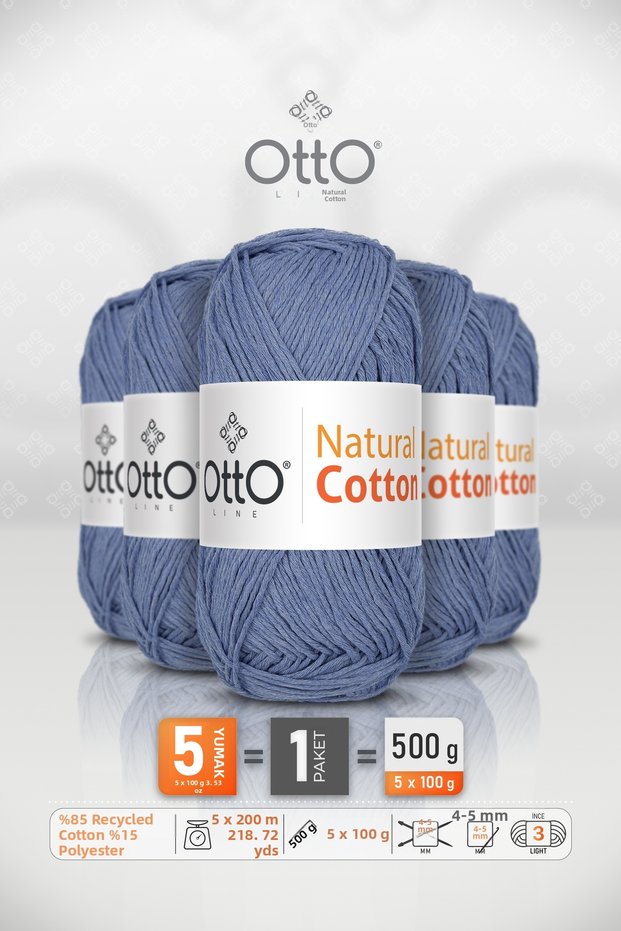 Natural Cotton • Apricot Blue (6045) • Pack of 5 × 100 Gr / 200 m • 2 mm • Cotton Thread • Punch, Amigurumi, Macrame