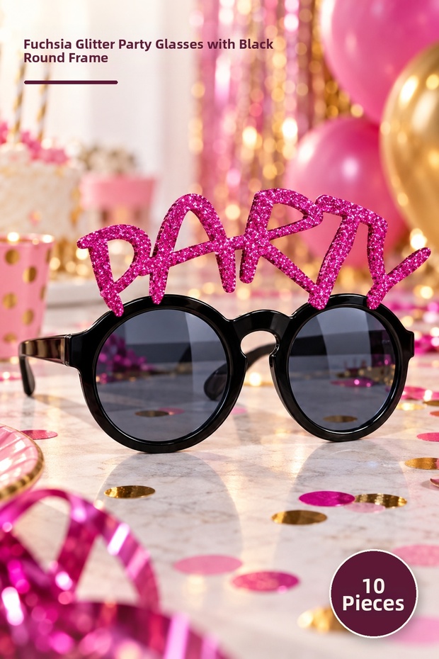 10 Pieces Party Glasses – Fuchsia Glittery Party Lettering Black Round Frame Entertainment Accessory Dark Glass Look Party Glasses