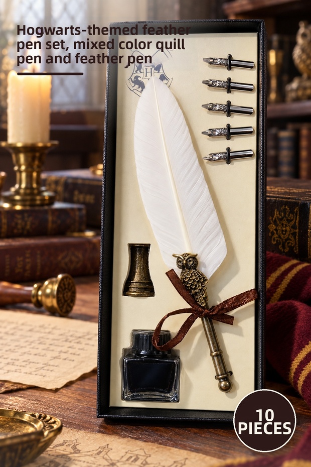 10-Piece Dip Pen Set – Hogwarts Themed Feather Pen Set, Mixed Colors, Quill Pen and Feathered Pen