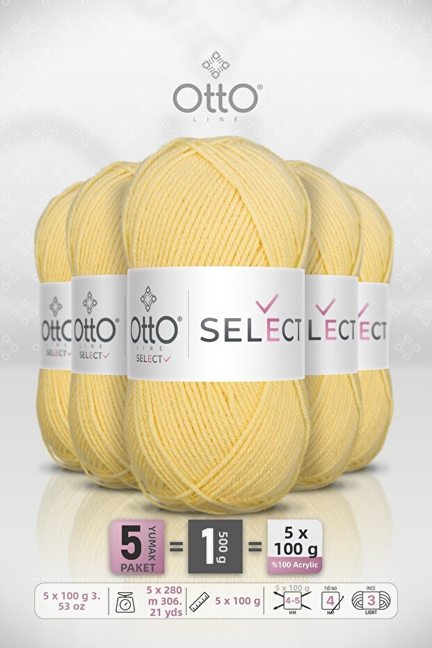 Select • Light Yellow (9519) • 5-Pack × 100 Gr / 280 m • Acrylic Hand Knitting Yarn • Sweater, Cardigan, Scarf