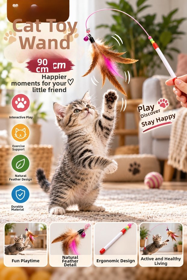 90 cm Furry and Bell-Adorned Cat Play Rod Interactive Cat Toy with Flexible Wire