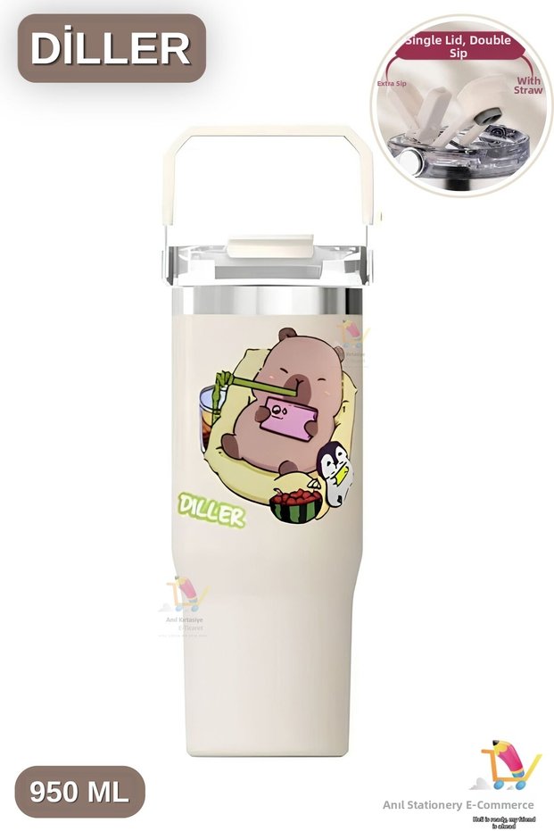 Di̇ller Kapibara 950 ml Single Lid Dual Use Steel Thermos with Straw/Comfortable Drinking and Carrying Handle