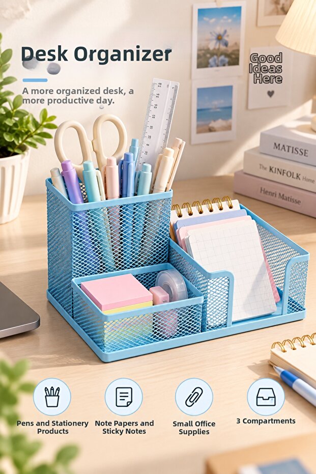 Metal 3-Compartment Desktop Organizer Pen Holder and Stationery Organizer - Blue