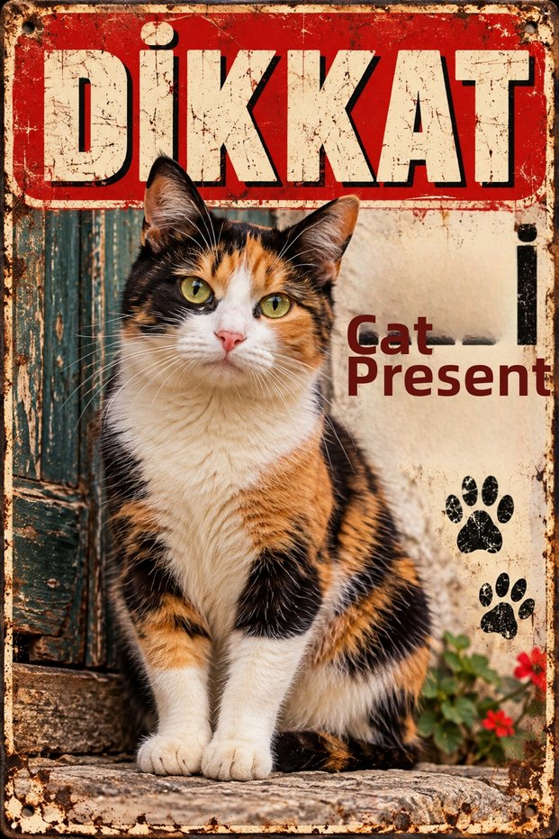 Attention There Is a Cat Calico Tricolor Cat Retro Metal Wall Sign 20X30 cm