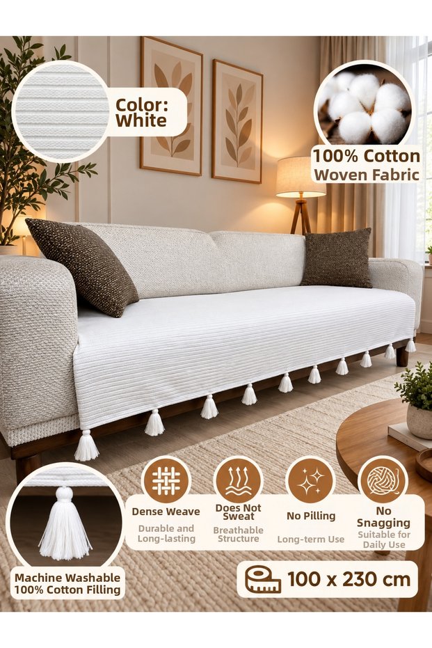 100% Cotton Knitted Tassel Sofa Cover 100X230 cm Shawl Model Sofa Shawl White