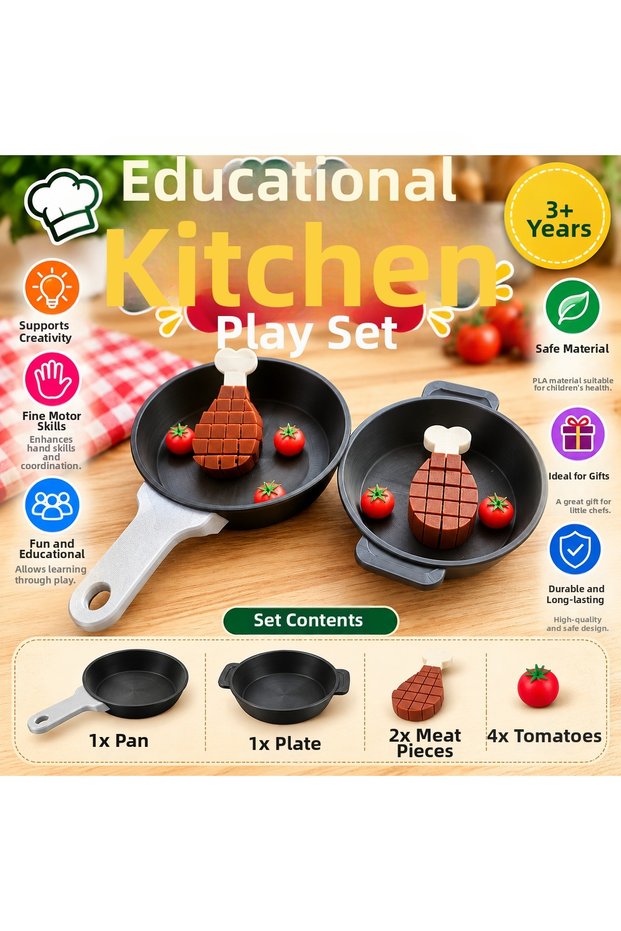 Educational Kitchen Play Set – Pan, Pot, Meat and Tomato Toy Set