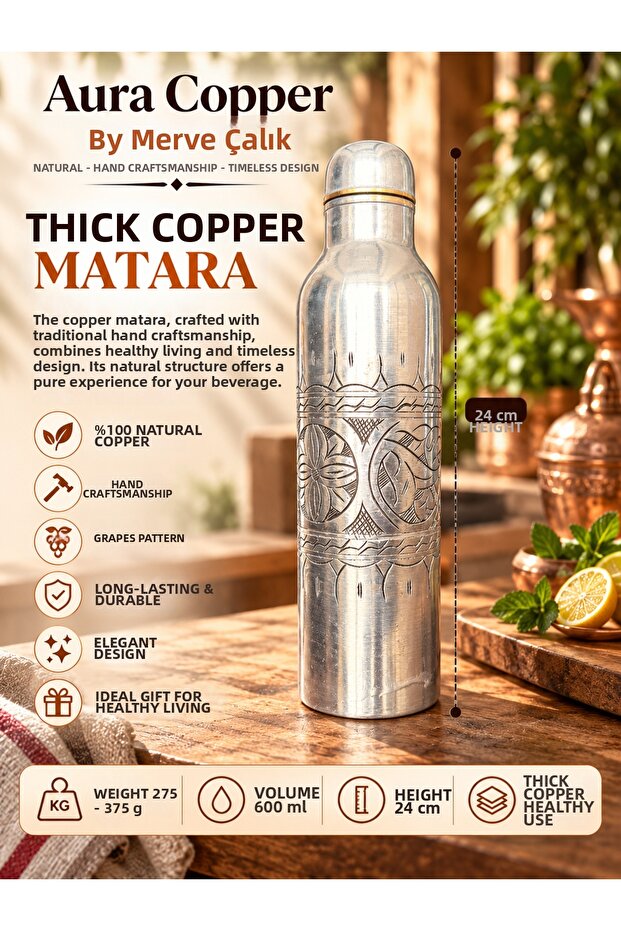 Heavy Hand-Embroidered Copper Flask 600 ml – Handmade Water Bottle with Lid 24 cm