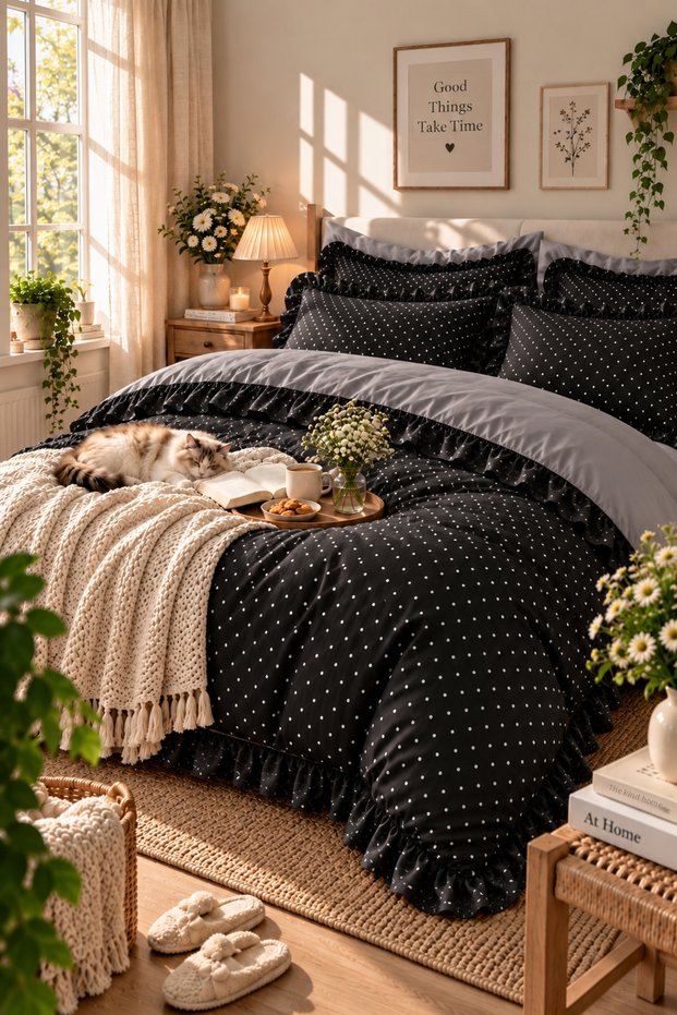 Black Polka Dot Ruffled Duvet Cover Set | Soft Textured | Double Person | Stylish Bedroom Set (Without Sheets)