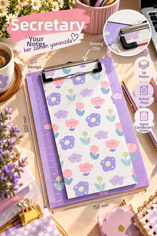 Floral Patterned Secretary's Notepad 15X22 cm – 38 Sheets Lined Notepad - Lilac