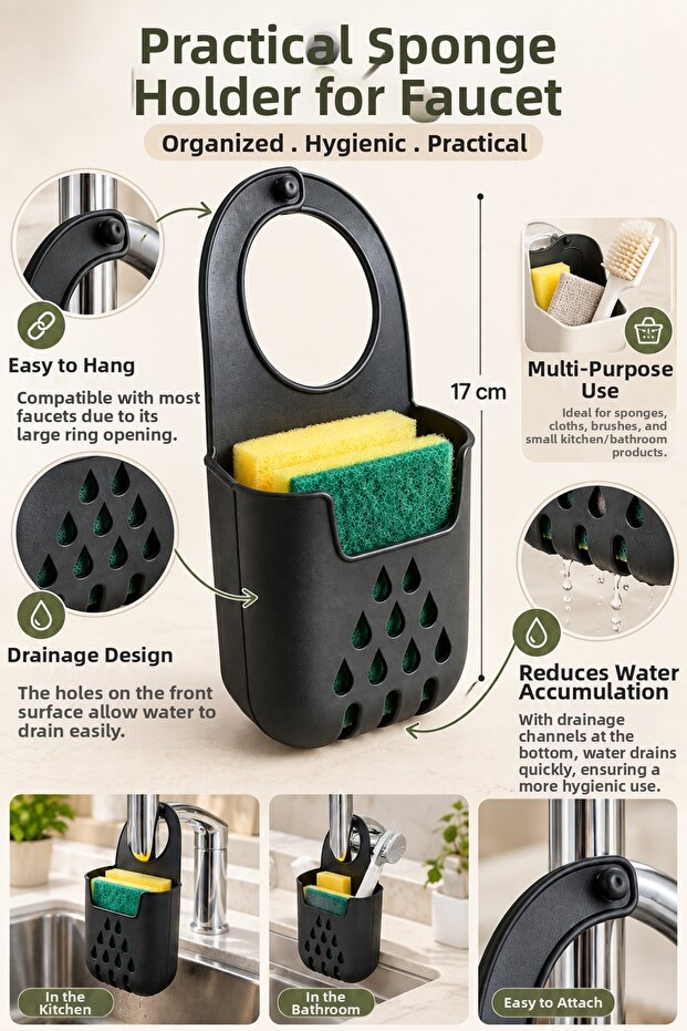 Practical Sponge Holder for Hanging on the Faucet – Sponge Included – Drainable Kitchen & Bathroom Organizer – Black