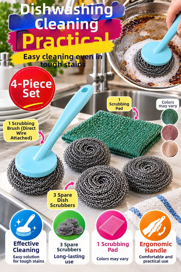 4-Piece Super Set Dishwashing Wire Brush with 3 Spare Wire Brushes and Cloth for Pots and Pans Kitchen Cleaning Set