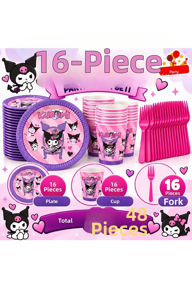 Kuromi Themed Birthday Party Set |   8 and 16 Person Capacity |   Plate, Cup, Fork Set |   Birthday Table Decoration 24 / 48 Pieces |   Children's Birthday Tableware Set