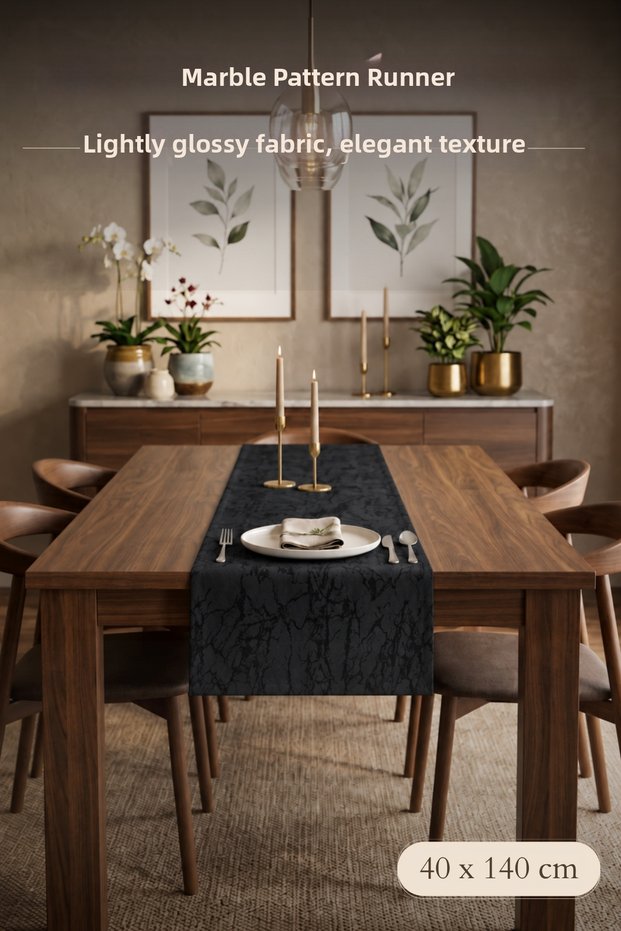 Luxurious Veined Satin Runner Black 40 X 140