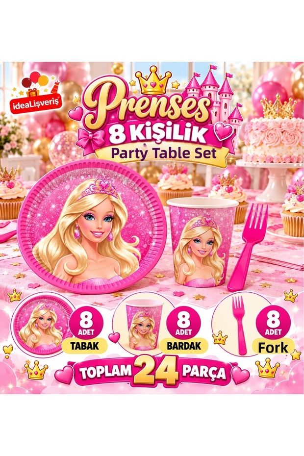Princess Themed 8&16-Person Birthday Party Set Plate Cup Fork Party Tableware Set 24 or 48 Pieces Birthday Tableware Decoration