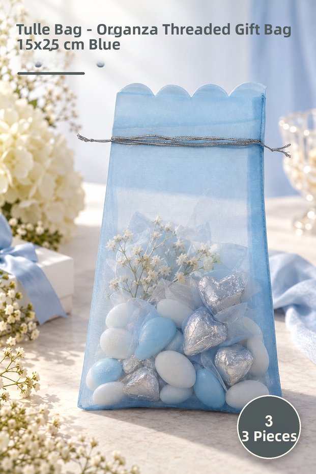 3 Pieces of Tulle Pouches – Organza Drawstring Gift Pouch 15X25 cm Blue, Organza Bag Gift Pouch