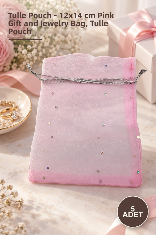 5 Pieces of Tulle Pouches – 12X14 cm Pink Gift and Jewelry Pouches, Tulle Pouch