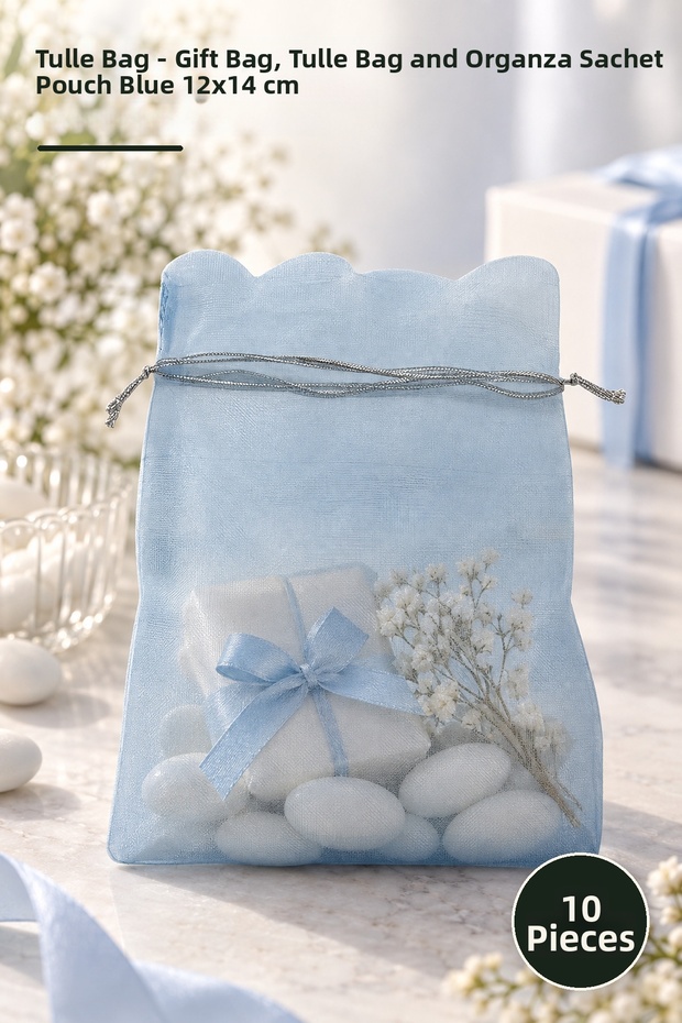 10 Pieces of Tulle Pouches – Gift Pouch, Tulle Bag and Organza Sachet Pouch Blue 12X14 cm