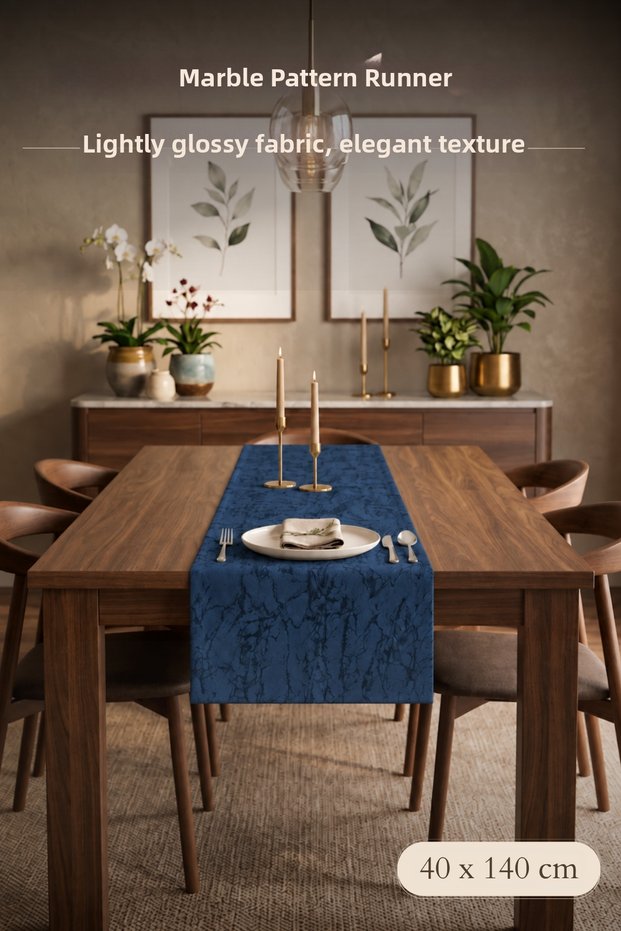 Luxurious Veined Satin Runner Navy Blue 40 X 140