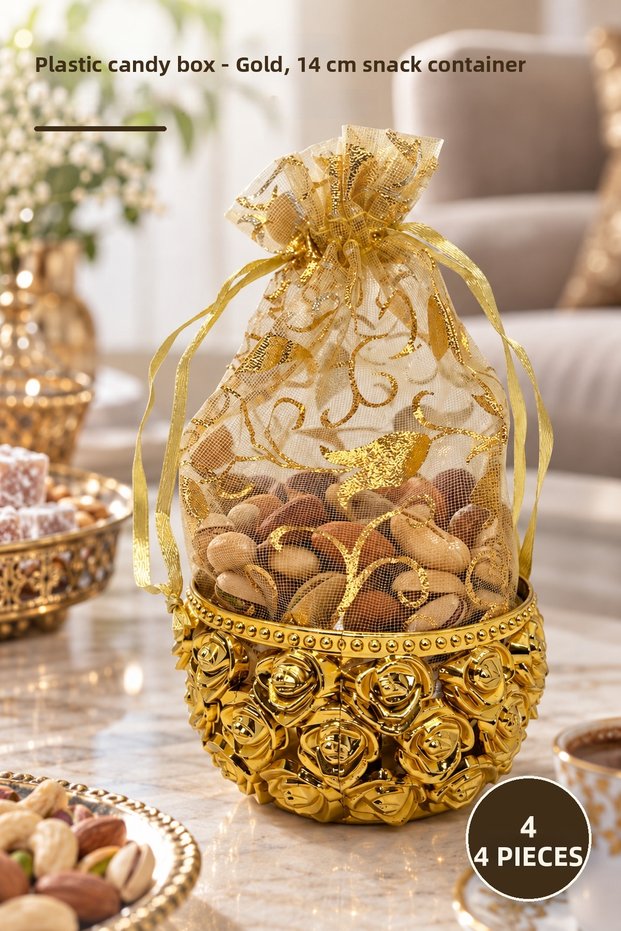 4 Pieces of Plastic Snack Box – Gold Colored 14 cm Snack Storage Container, Snack Container