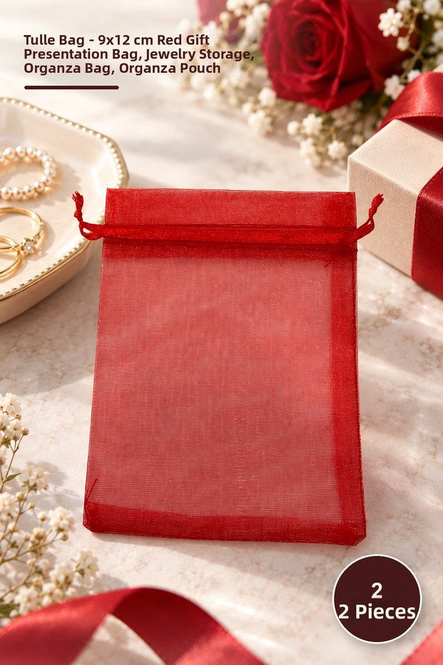 2 Pieces of Tulle Pouches – 9X12 cm Red Gift Presentation Pouch, Jewelry Storage, Organza Bag, Organza Pouch
