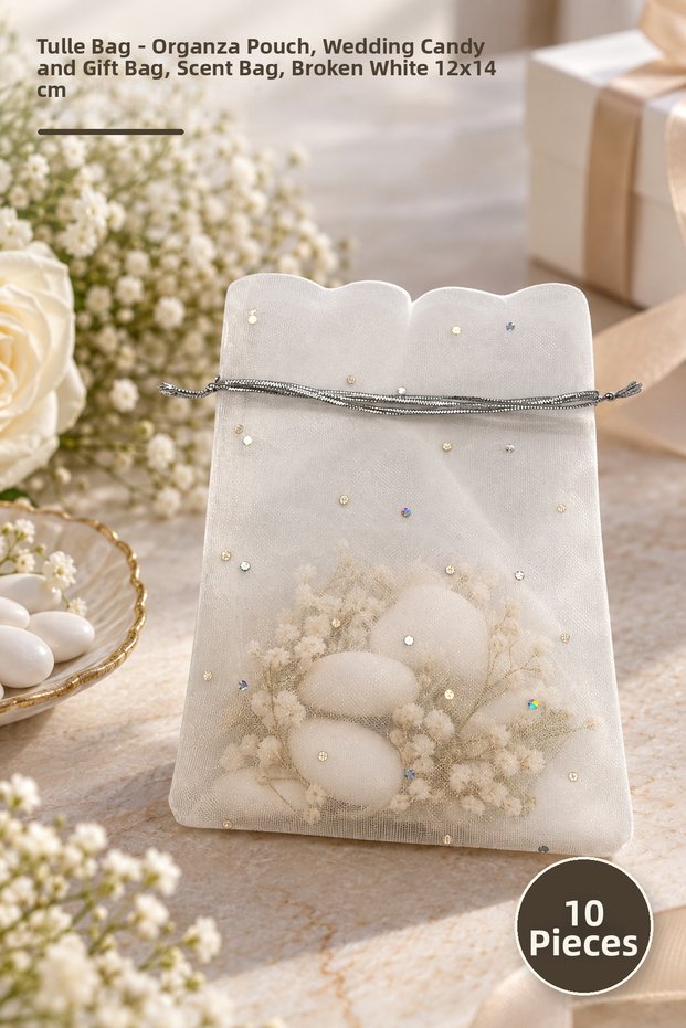 10 Pieces Tulle Pouches – Organza/Organza Pouches, Wedding Candy and Gift Bags, Fragrance Pouches, Off-White 12X14 cm