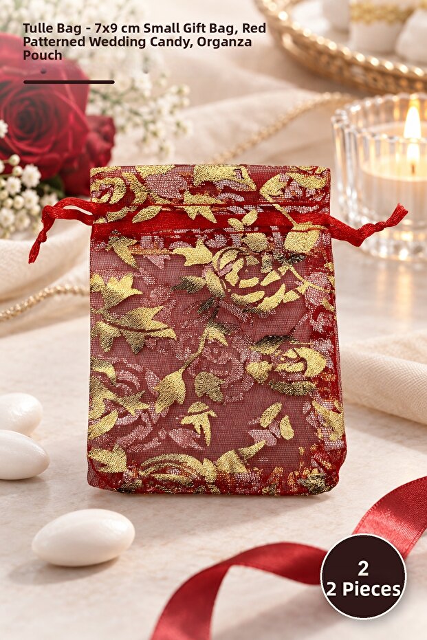 2 Pieces Tulle Pouch – 7X9 cm Small Gift Bag, Red Patterned Wedding Favors, Organza Pouch Organza Bag