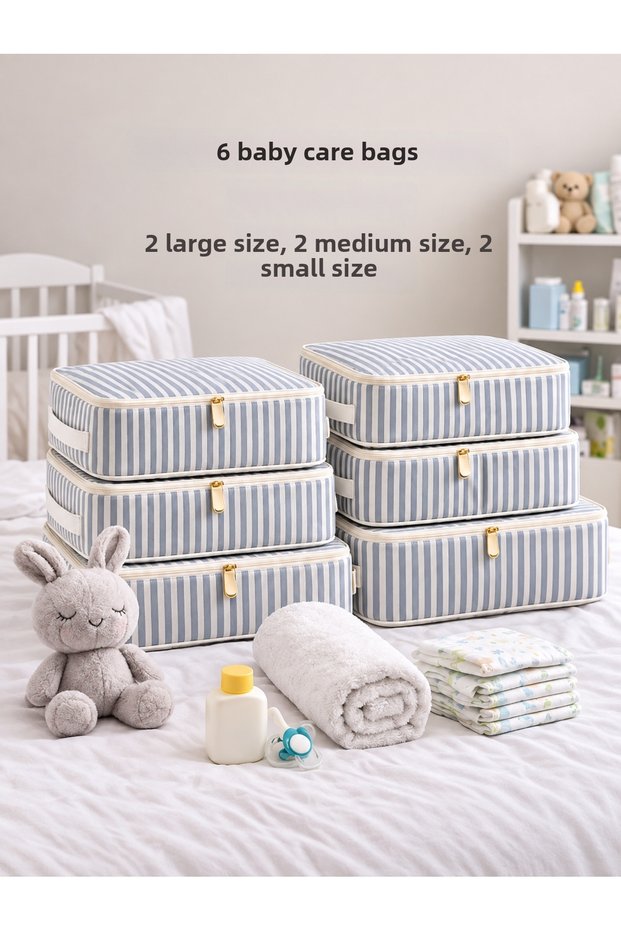 6 Piece Striped Patterned Baby Care Bag Birth/Hospital Discharge Bag
