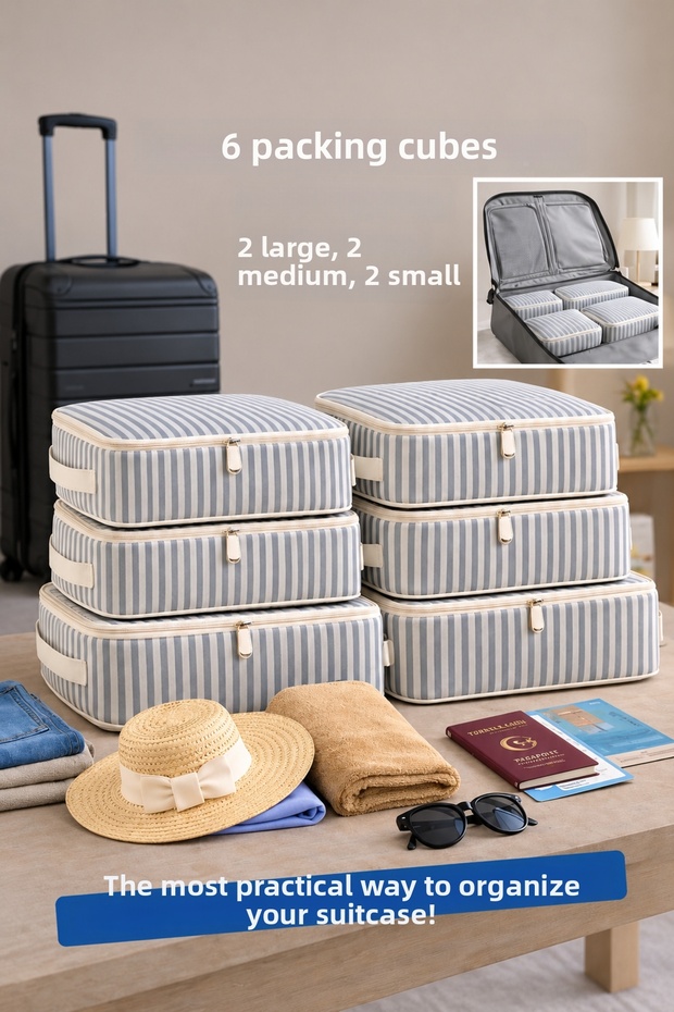 6 Pieces Striped 1St Quality Suitcase and Luggage Organizer Travel Set Without Mesh Patterned – Bag and Handbag Set