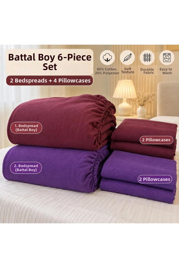 2-Piece Economical King Size Flat Elastic Sheet Set + 4 Pillowcases
