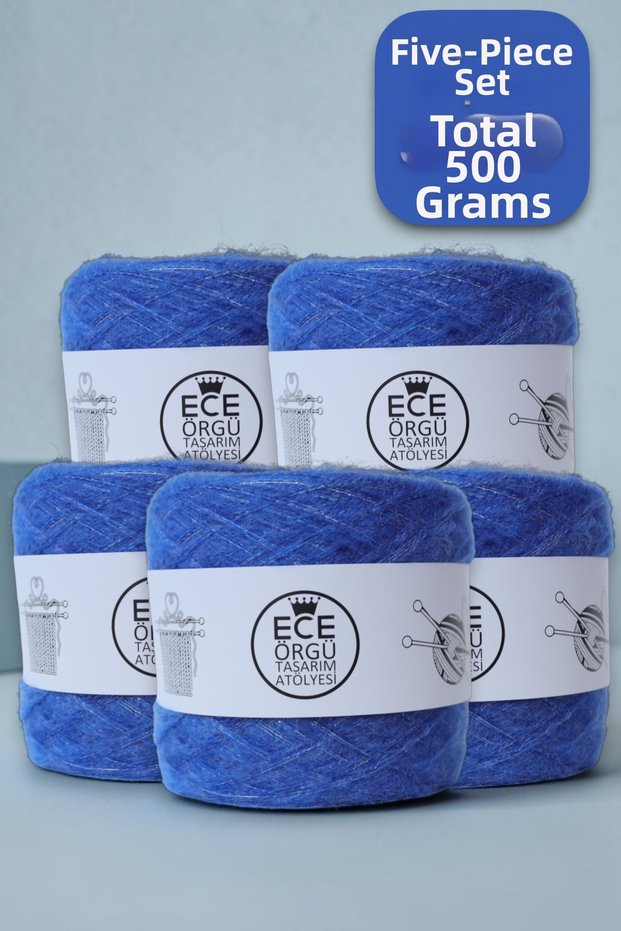 Cobalt Blue Double Ply Angora and Light Blue Glitter Mix Knitting Yarn Set (Total 500 Gr.)