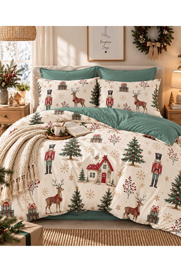 Double Duvet Cover Set with Elasticated Sheets Nutcracker Green