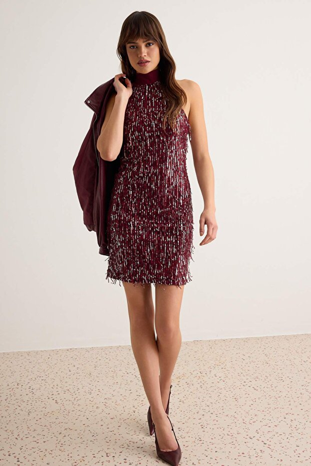 Burgundy Plain Knitted Sequin Short / Mini Unlined Dress