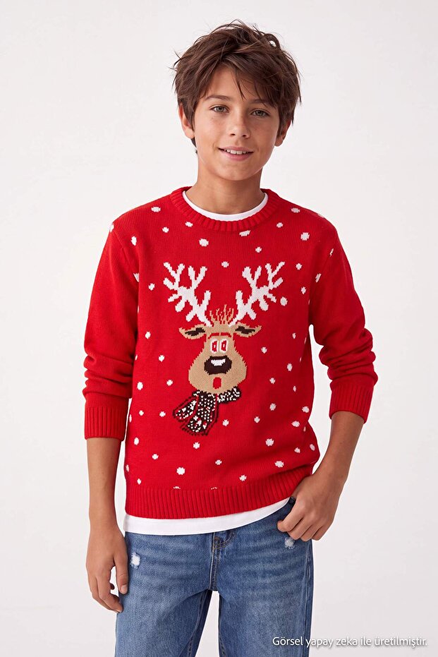Red Boy's Christmas Themed Embroidered Knit Sweater Tkdaw27Kz00024