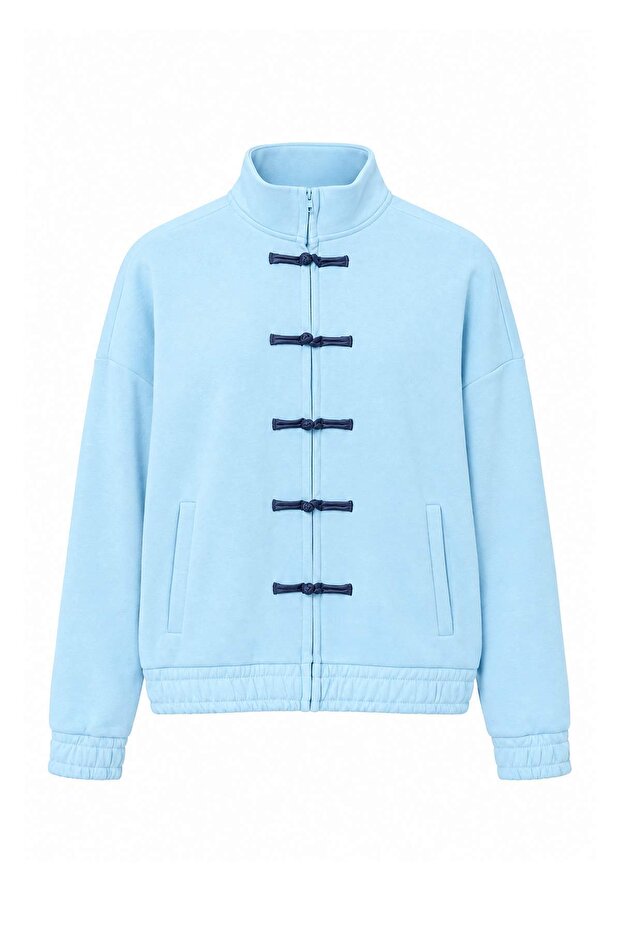 Light Blue Thick Fleece Inside Oversize Chinese Button Zippered Knitted Cardigan/Sweatshirt Twoaw27Sw00023