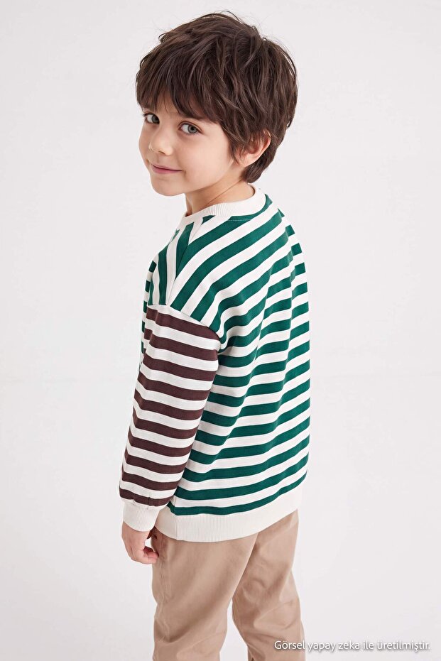Green 100% Cotton Thick Boys' Striped Knitted Sweatshirt Tkdaw27Sw00063